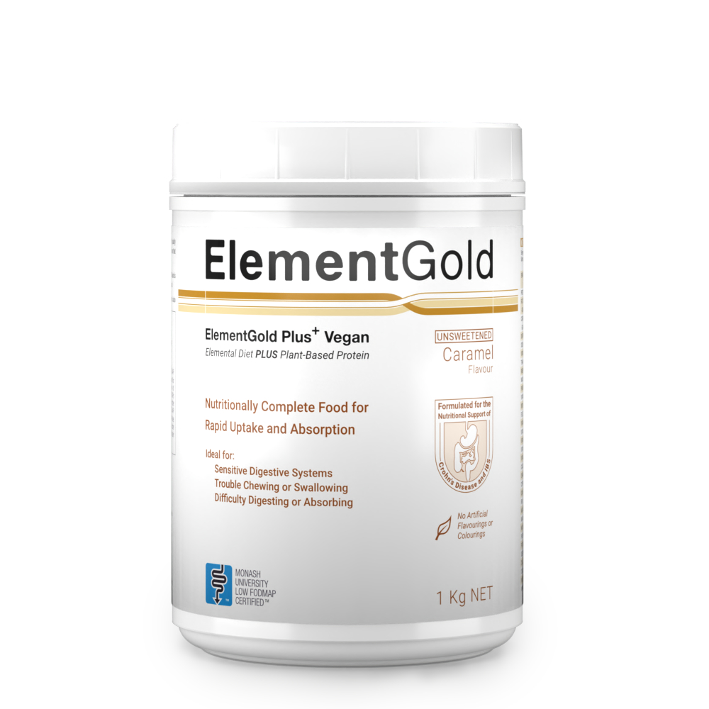 Image of 1kg tub of ElementGold Plus<sup>+</sup> Vegan Unsweetened Caramel