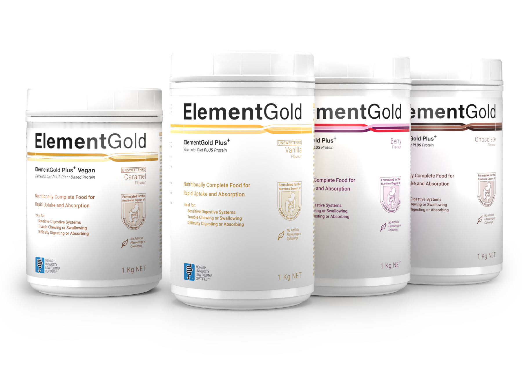 1Kg tubs of ElementGold Plus in different flavours