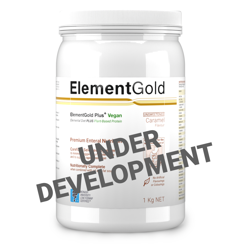 1Kg tub of ElementGold Plus Vegan, Unsweetened Caramel Flavour